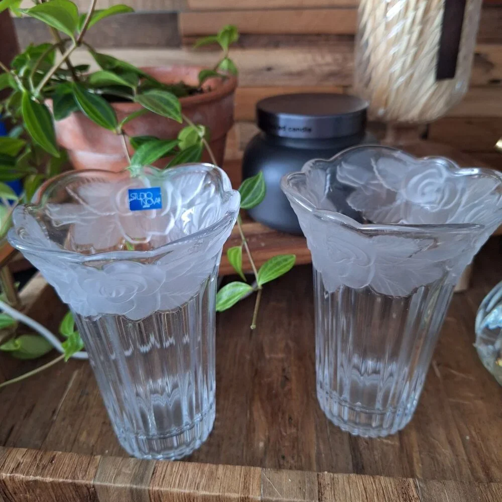 Studio Nova‎ Japan Etched Crystal Pair Floral Vase Set Of 2 Matching Vintage